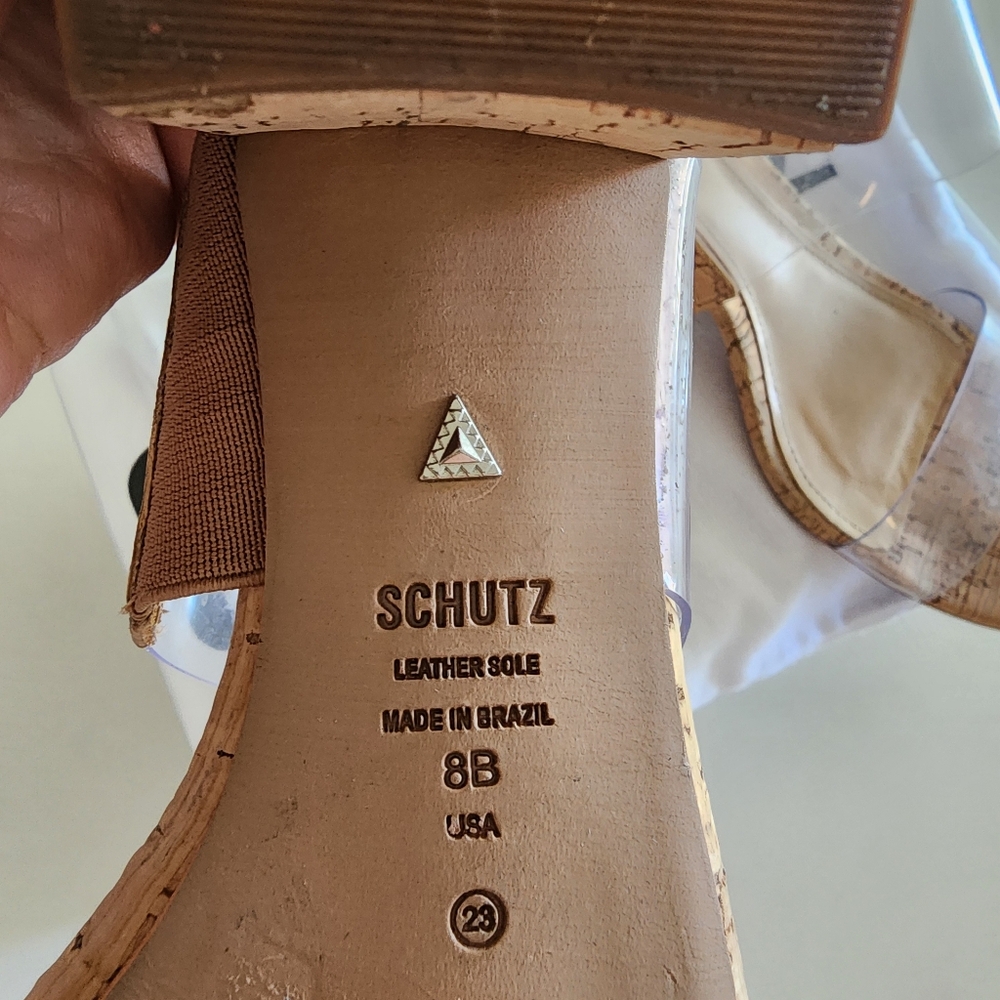 SCHUTZ Victorie Clear Strap Tan Block Heel Mules - Picture 5 of 13